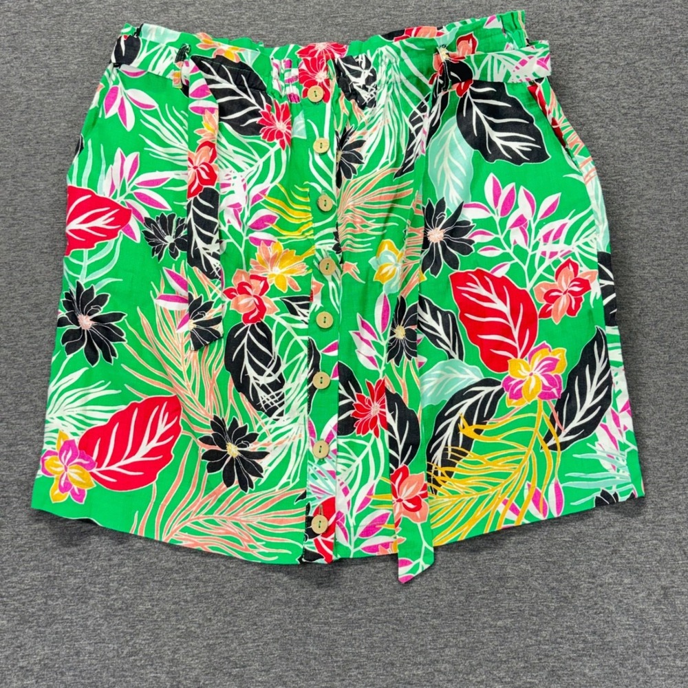 Cynthia Rowley Skirt Womens XL Green Floral Button Front Linen Tie Waist Summer